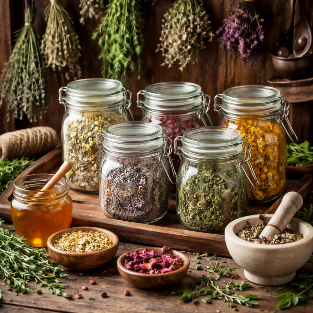 mason jars and dried herbs