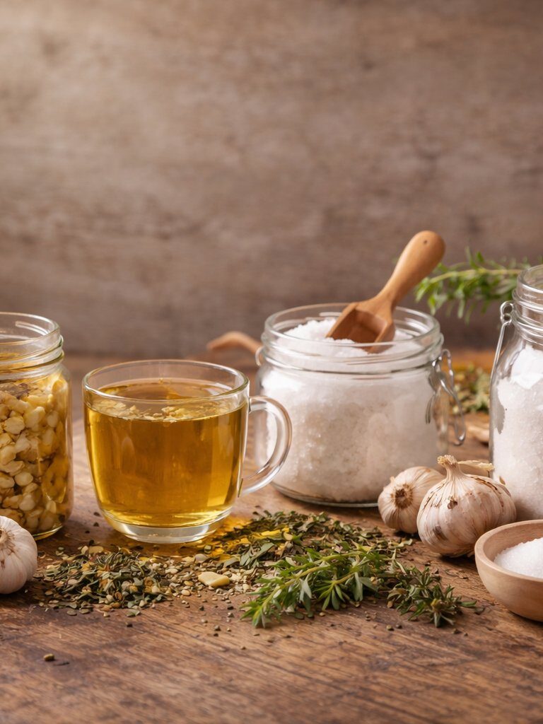 back_then_wellness_blog_image Natural home remedies displayed on a rustic wooden table including honey, garlic, herbal tea, apple cider vinegar, Epsom salt, baking soda, and castor oil