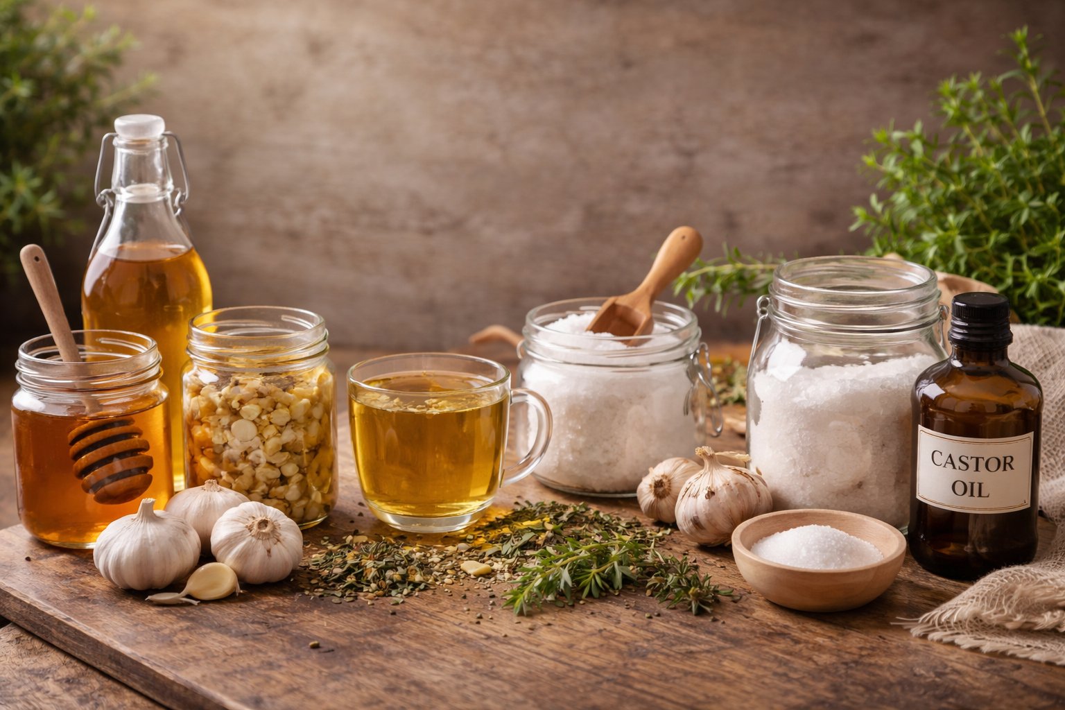 back_then_wellness_blog_image Natural home remedies displayed on a rustic wooden table including honey, garlic, herbal tea, apple cider vinegar, Epsom salt, baking soda, and castor oil